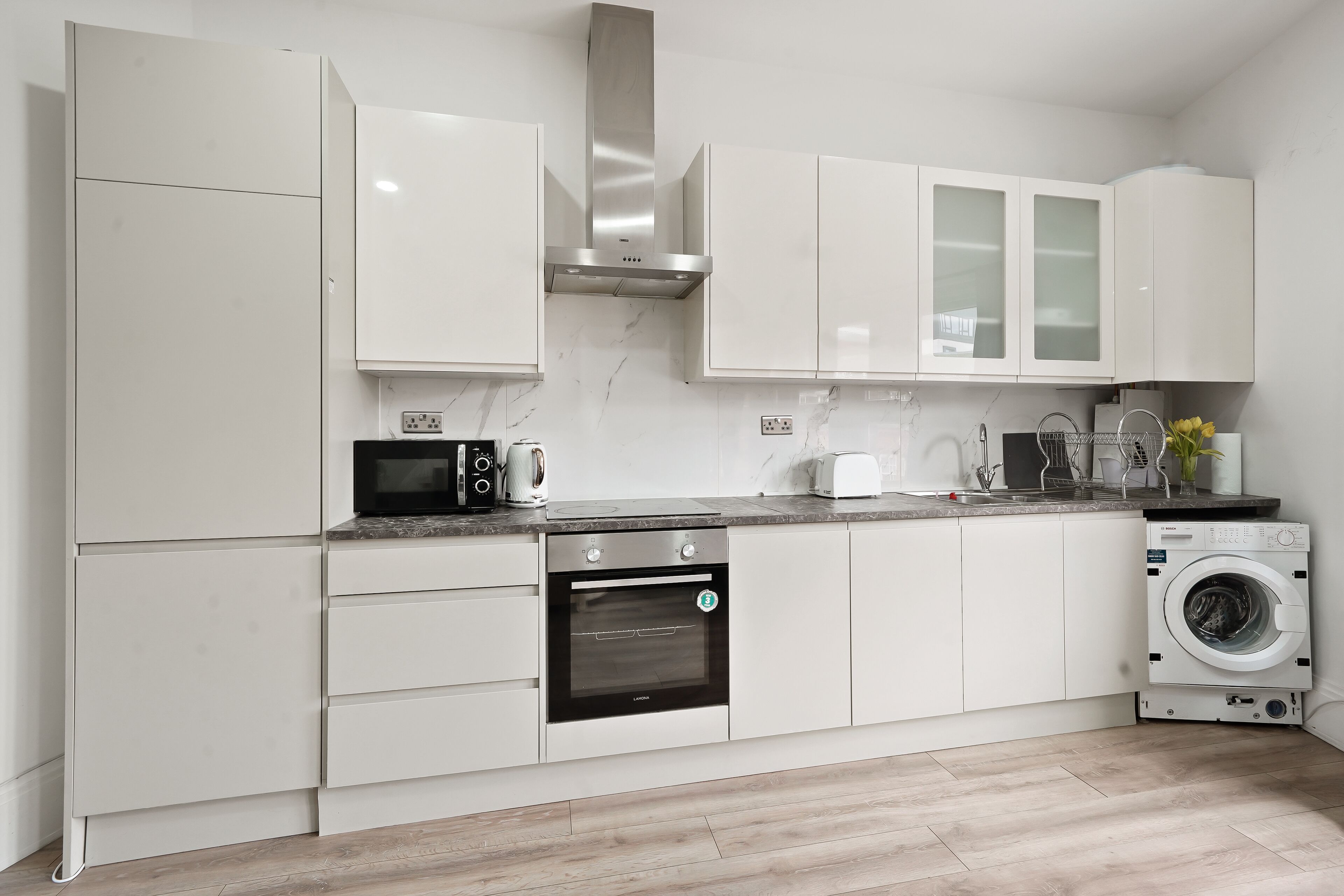 Fridge, oven, stovetop, electric kettle