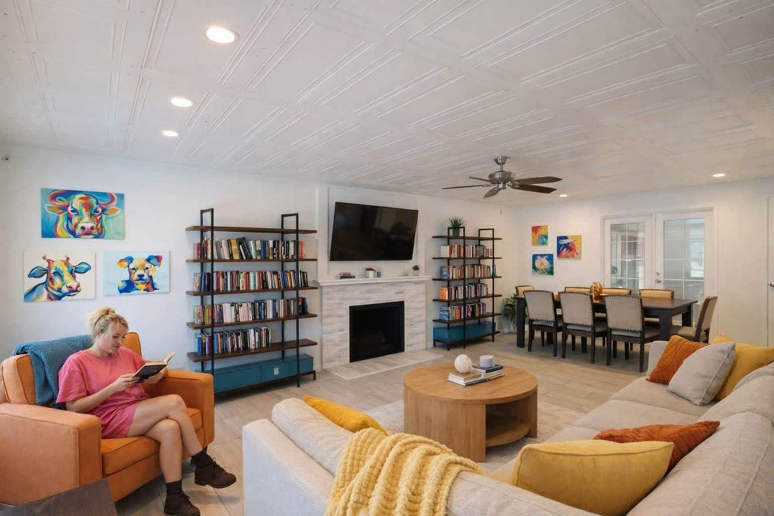 A living room with a fireplace, bookshelves, a TV, and a dining area.