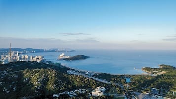 A coastal cityscape with a prominent tower, dense urban area, and a large body of water.