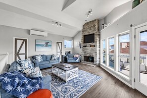 Smart TV, fireplace, books