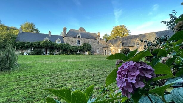 A courtyard with stone buildings, a grassy lawn, and a prominent hydrangea bush. - VAU D'ARZ MANOR - Gîte LA GACILLY (MALANSAC)