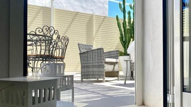 A patio area with a white table and chairs, a potted plant, and a cactus.