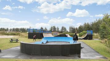 Un parc à skate avec une rampe incurvée, une table de pique-nique et une structure bleue en arrière-plan.