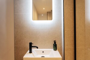 Shower, hair dryer, bidet, towels