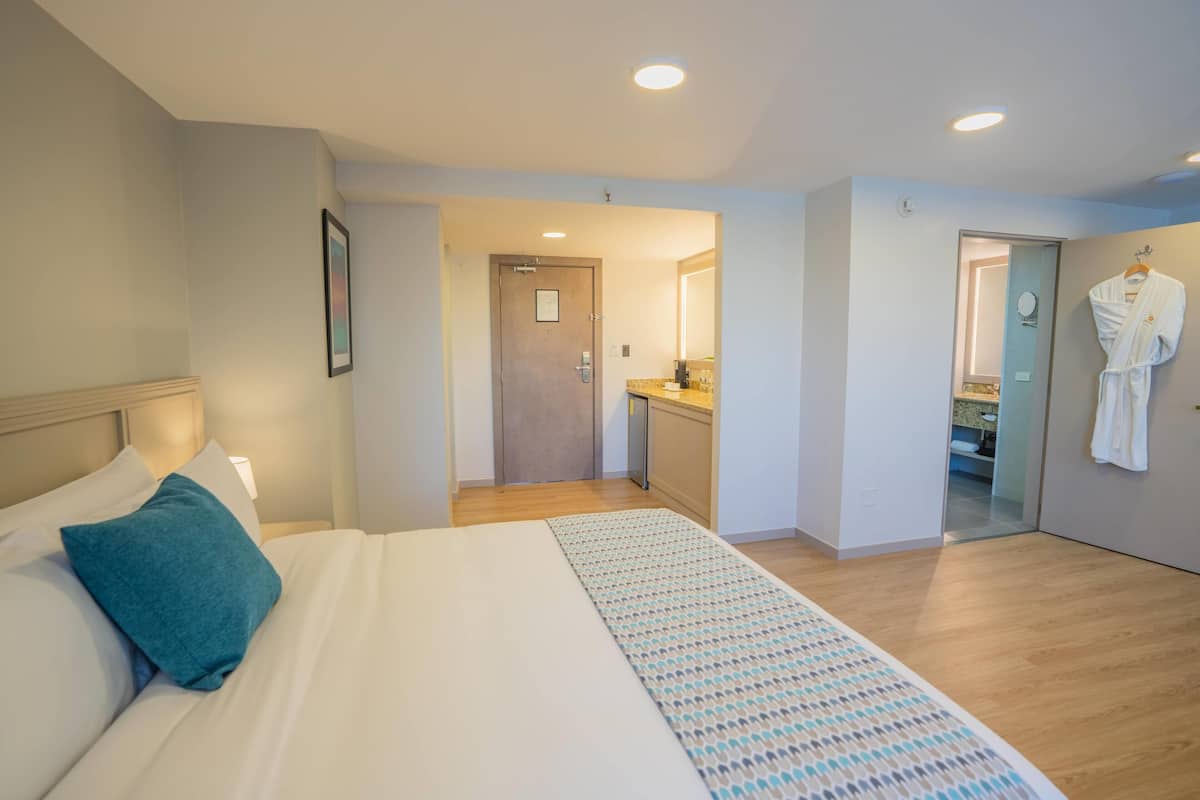 A hotel room with a bed, a bathroom, and a kitchenette.