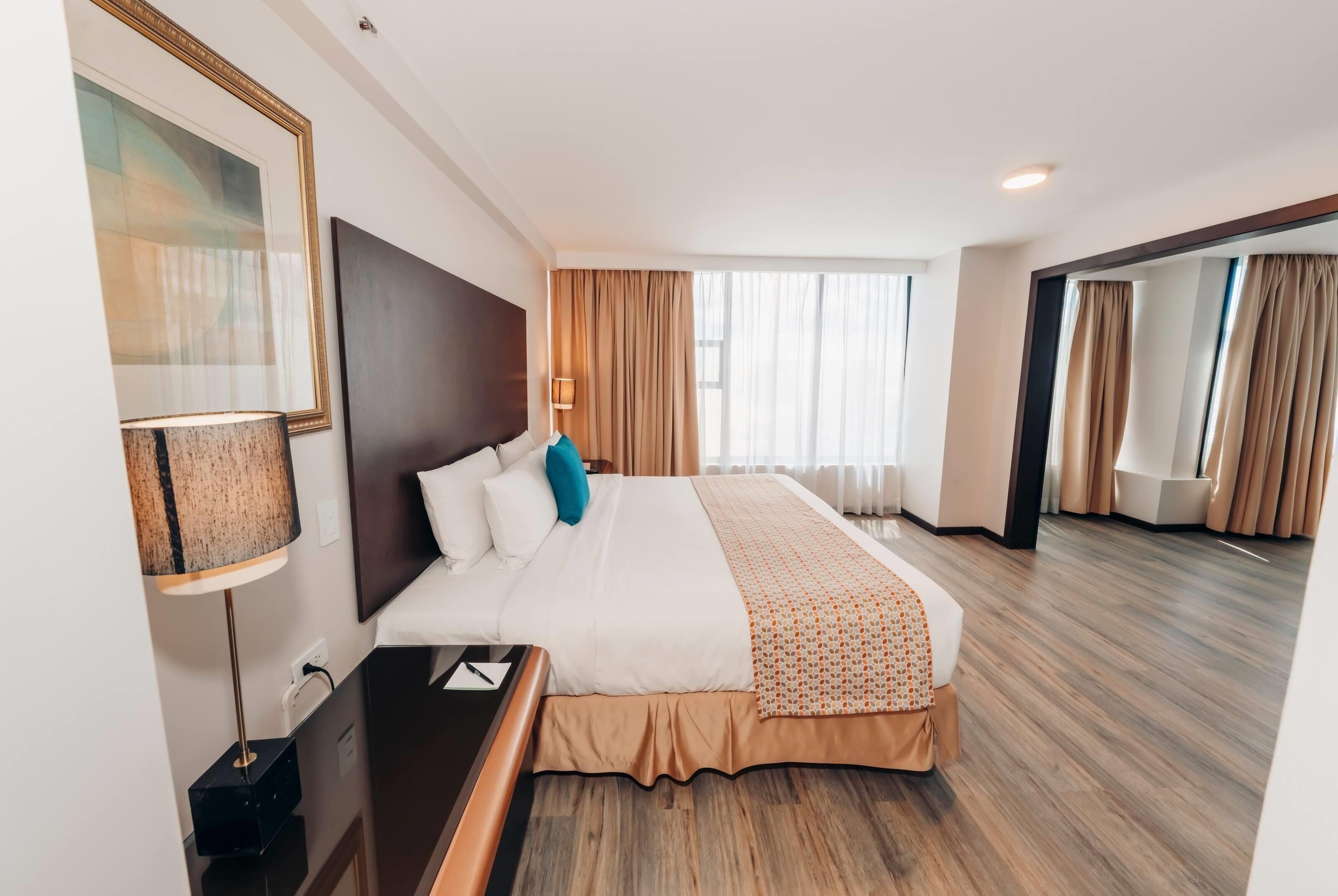 A hotel room with a large bed, a bedside table, a lamp, a framed picture, and a view of a window with curtains.