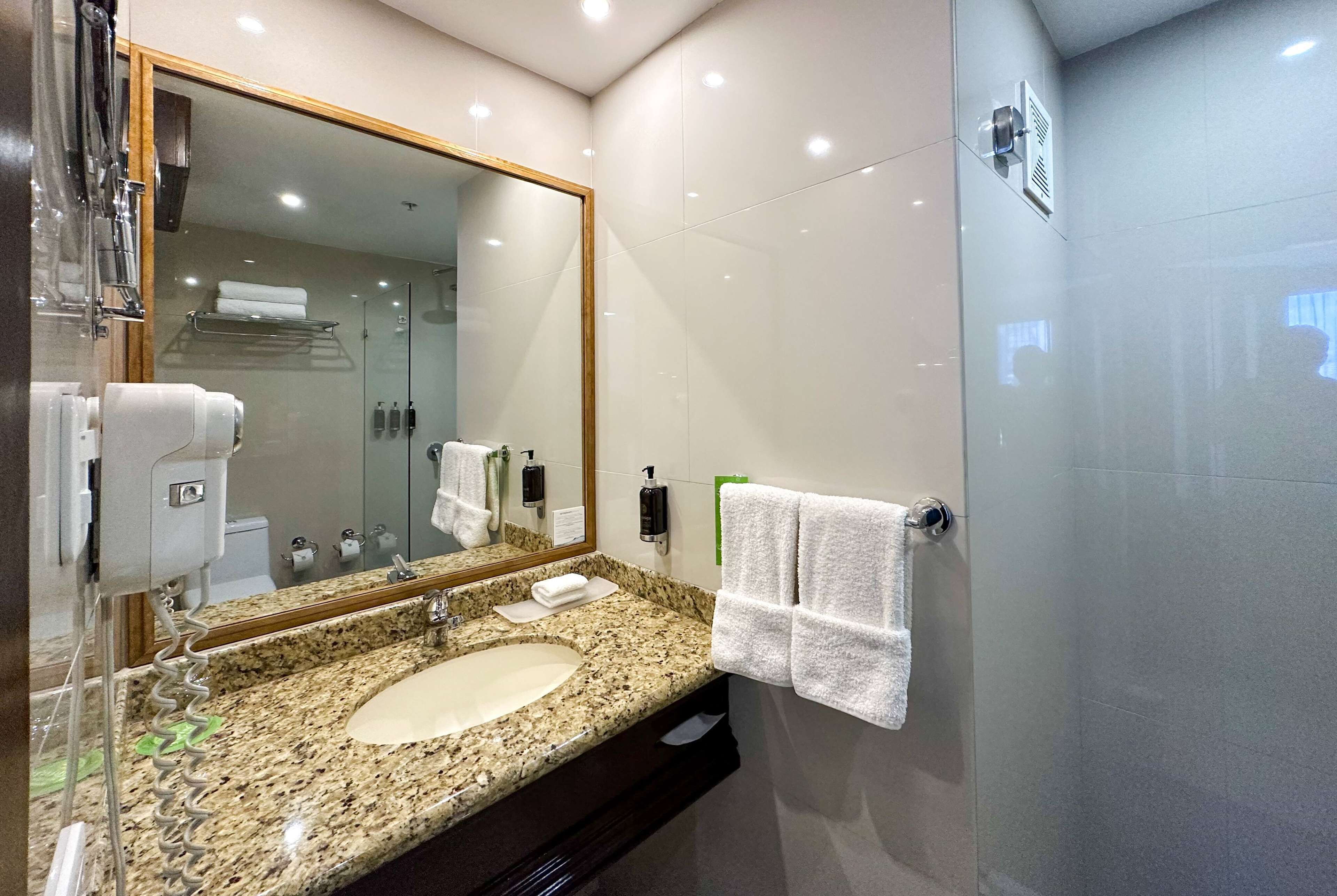 A modern bathroom with a granite countertop, a sink, a large mirror, and a glass shower enclosure.