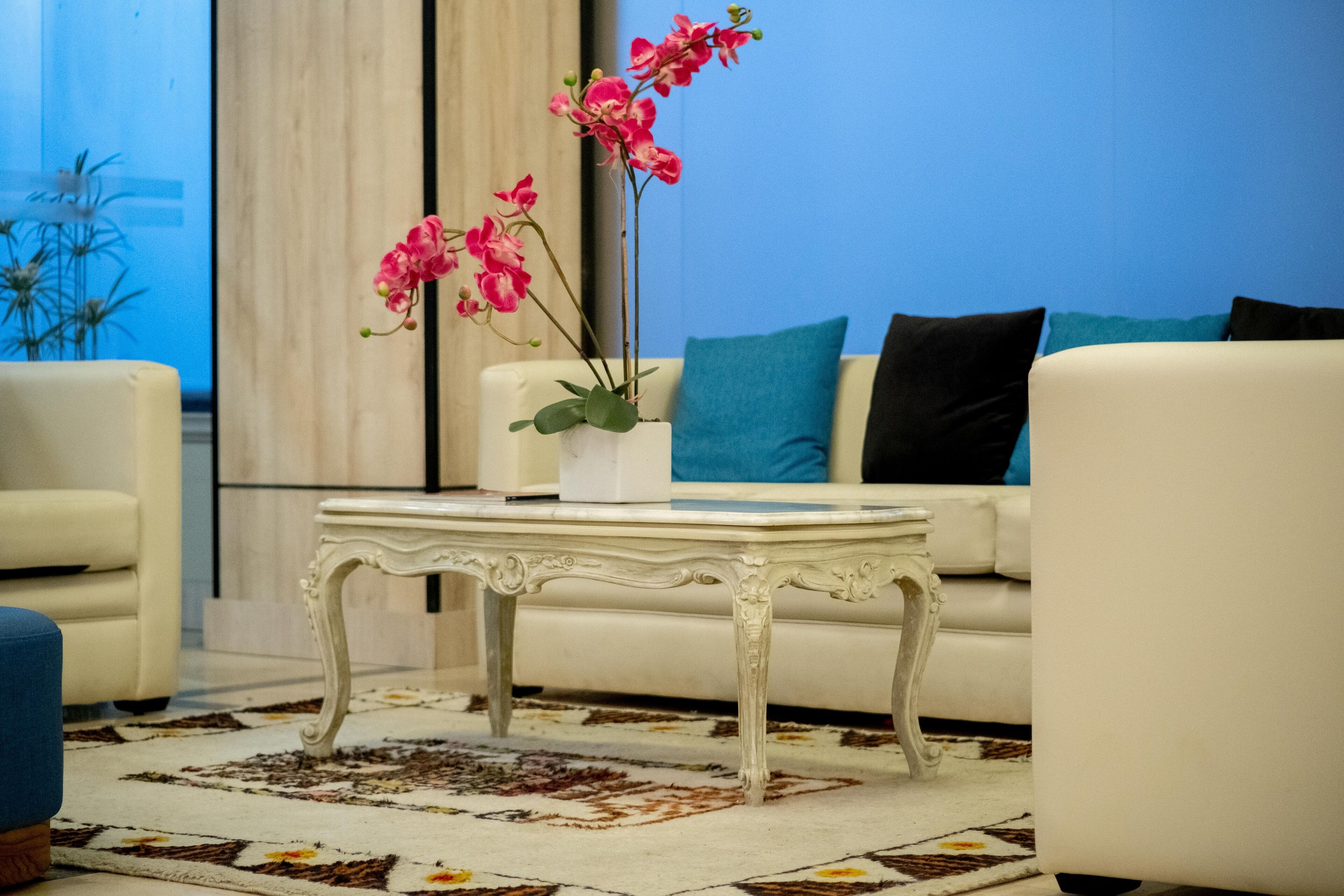 Una sala de estar con un sofá blanco, una mesa de centro blanca y un cojín azul.