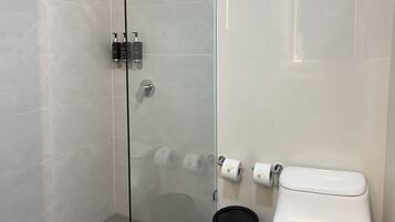 A modern bathroom with a glass shower enclosure, a toilet, and a black trash bin.