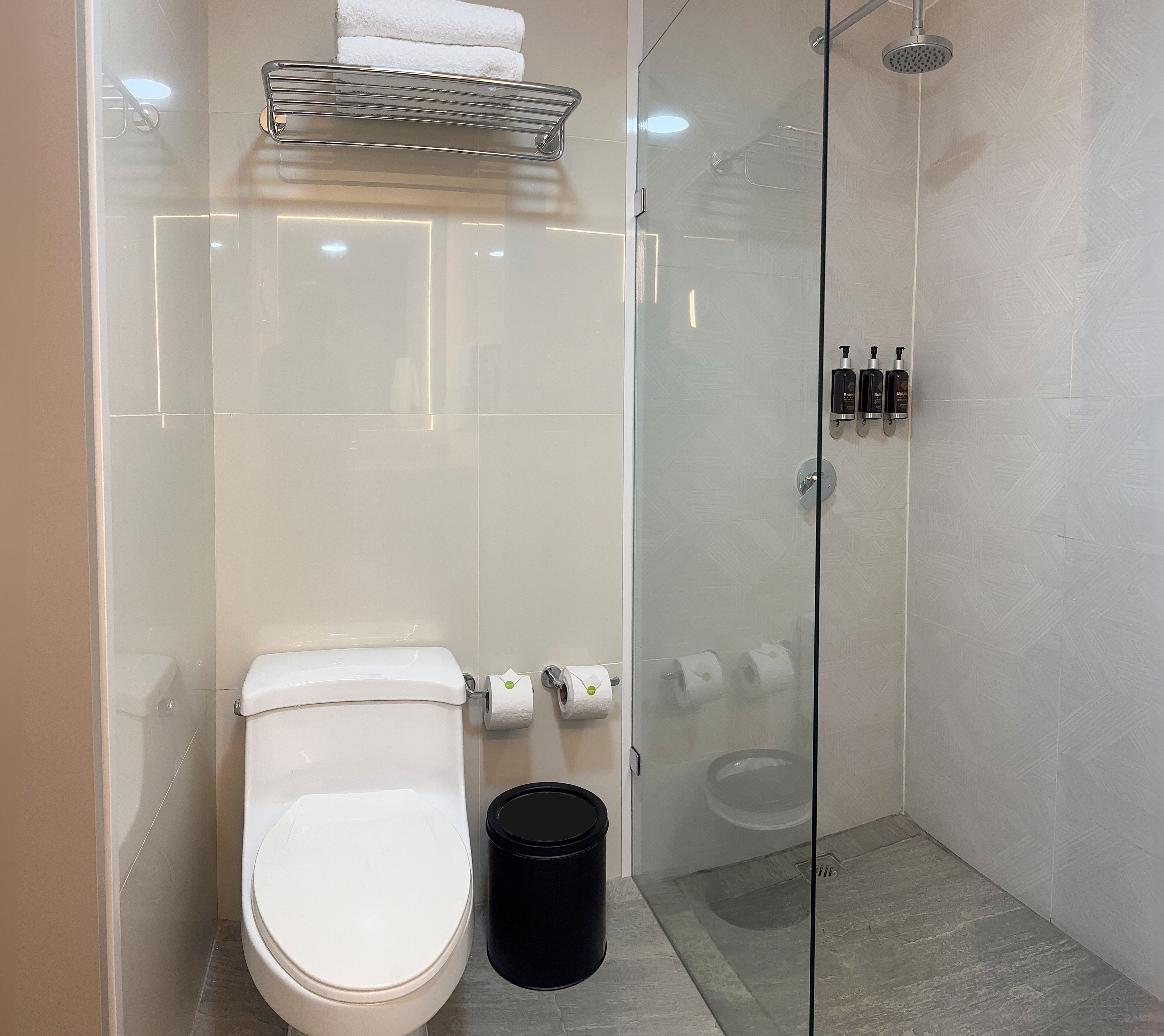 Un baño moderno con ducha de vidrio, inodoro y un cubo de basura.