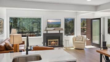 Smart TV, fireplace, DVD player, books