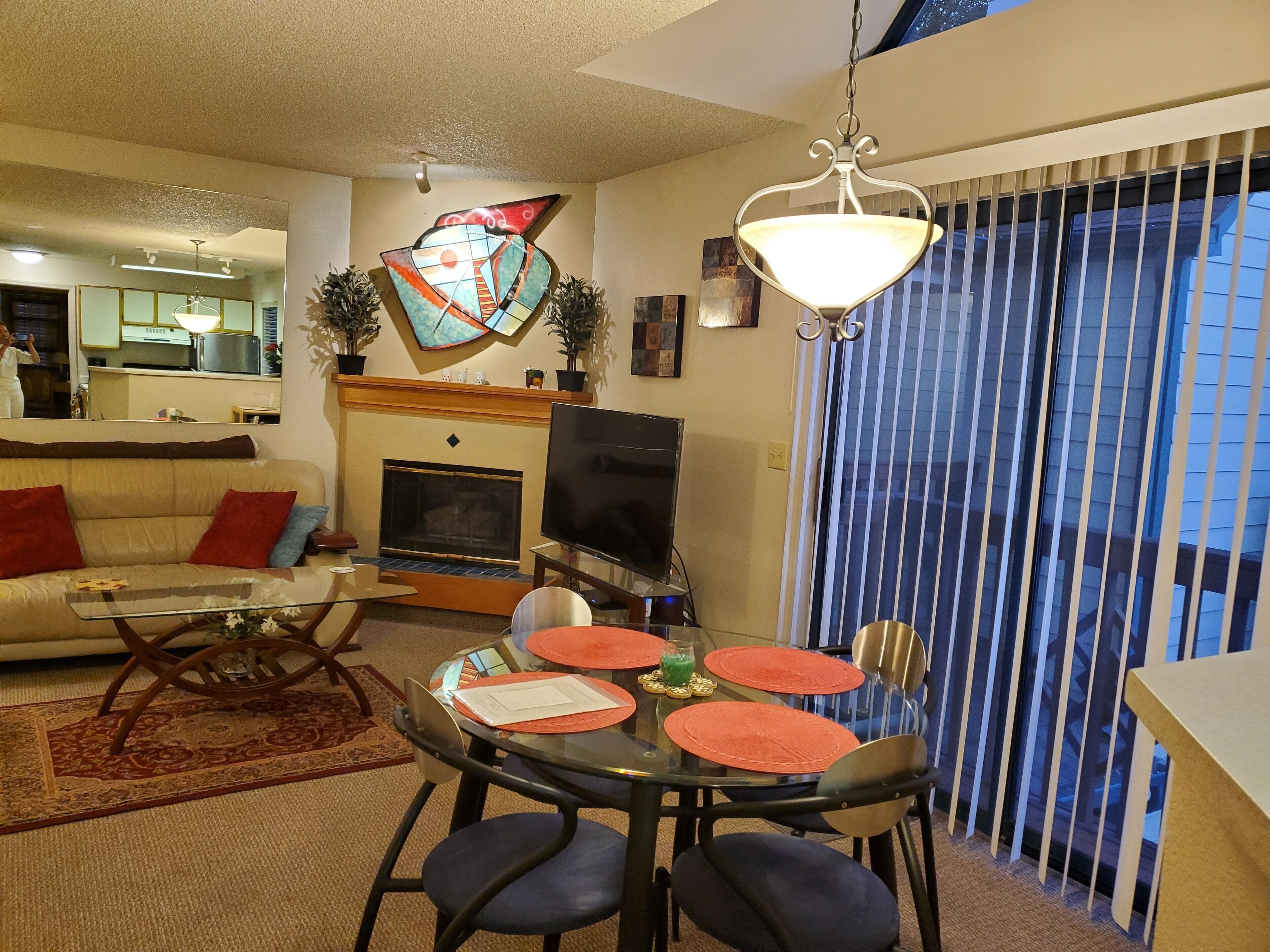 Smart TV, fireplace, books