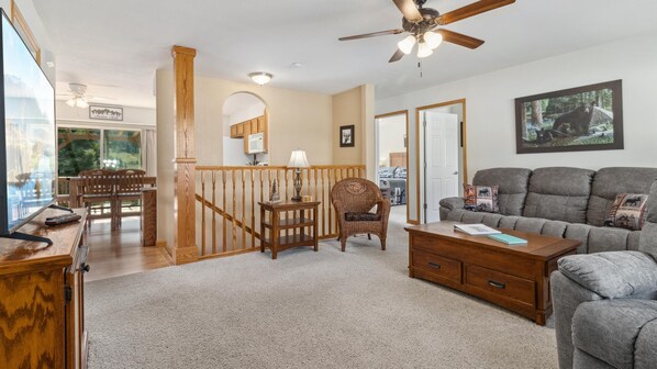 TV, fireplace, DVD player, books