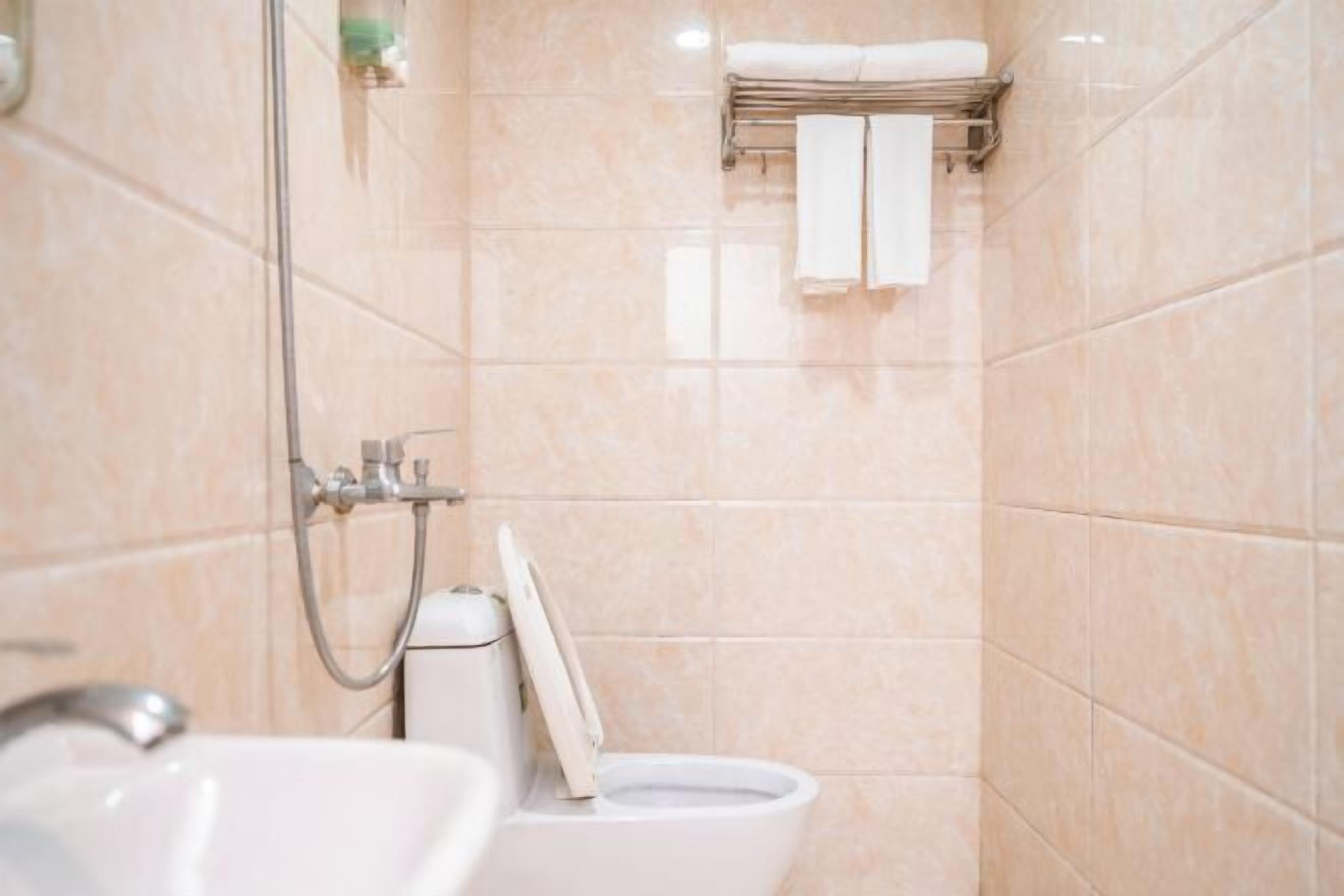 A bathroom with a toilet, a sink, and a shower.