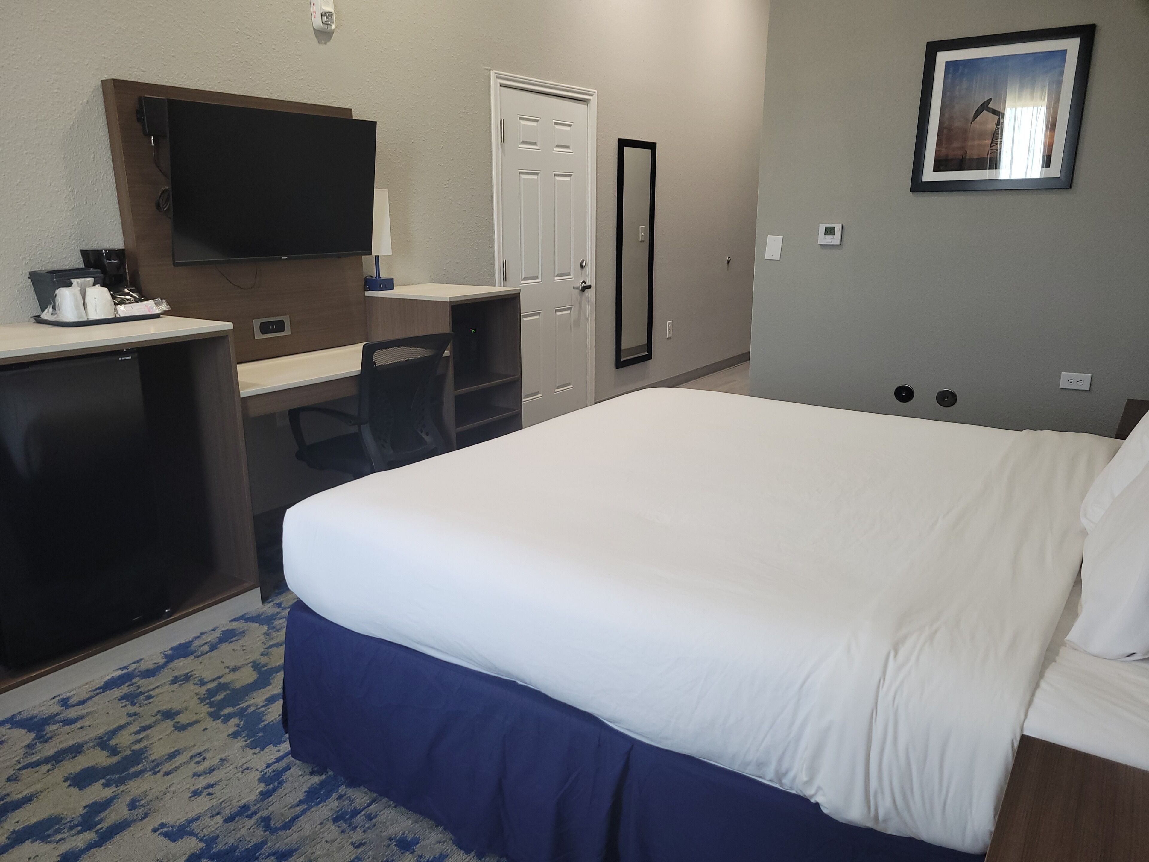 A hotel room with a bed, a desk, a chair, a TV, a door, and a framed picture on the wall.