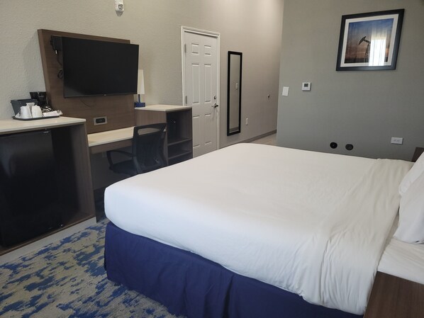A hotel room with a bed, a desk, a chair, a TV, a door, and a framed picture on the wall.