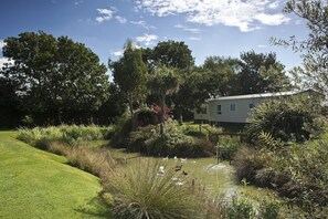 Guests can enjoy a serene outdoor setting with a grassy area, pond, and surrounding trees.