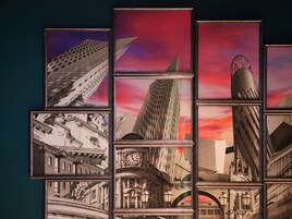Una serie de dibujos arquitectónicos enmarcados de diferentes edificios, incluyendo una torre del reloj y un rascacielos moderno.
