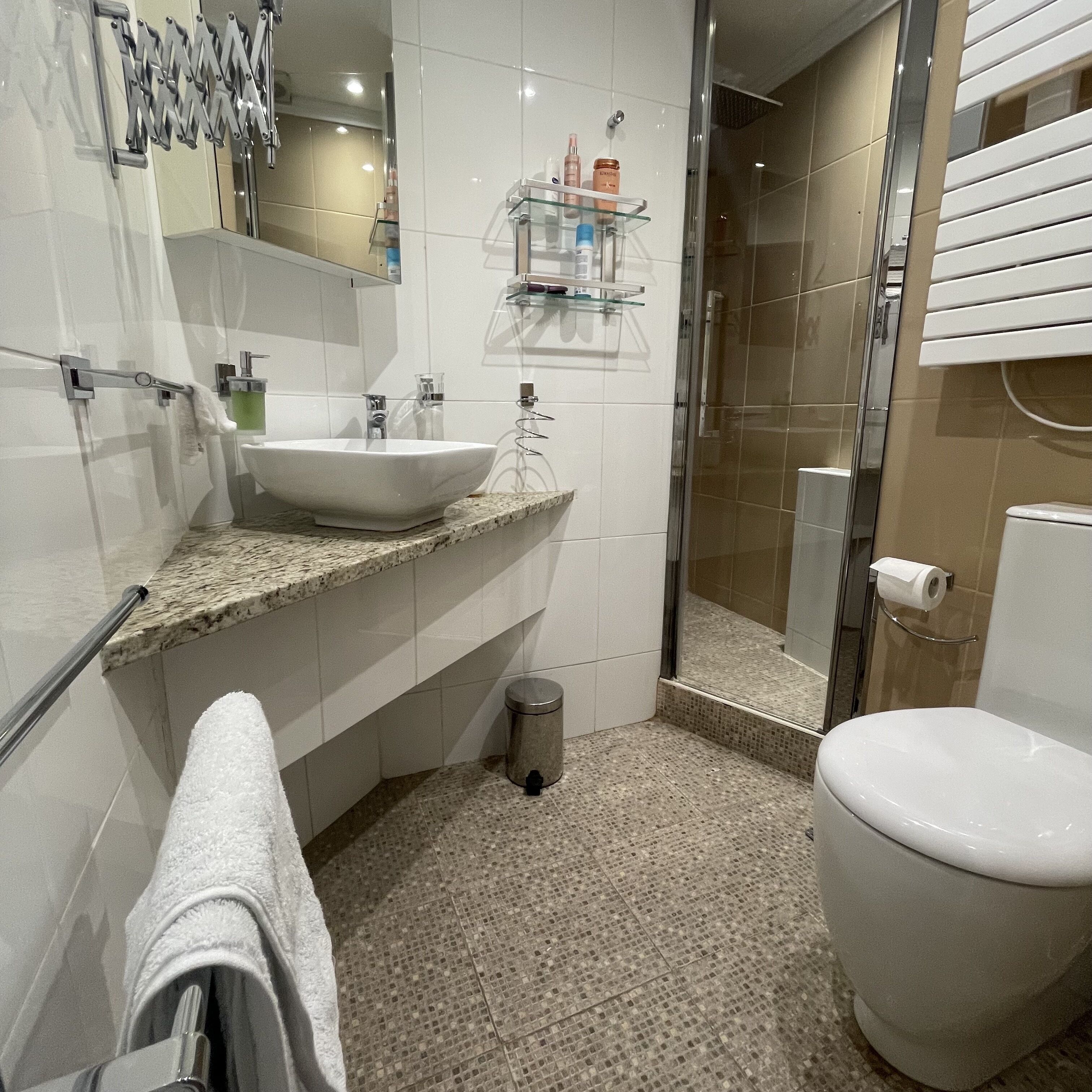 Een badkamer met een wastafel, toilet en douche.