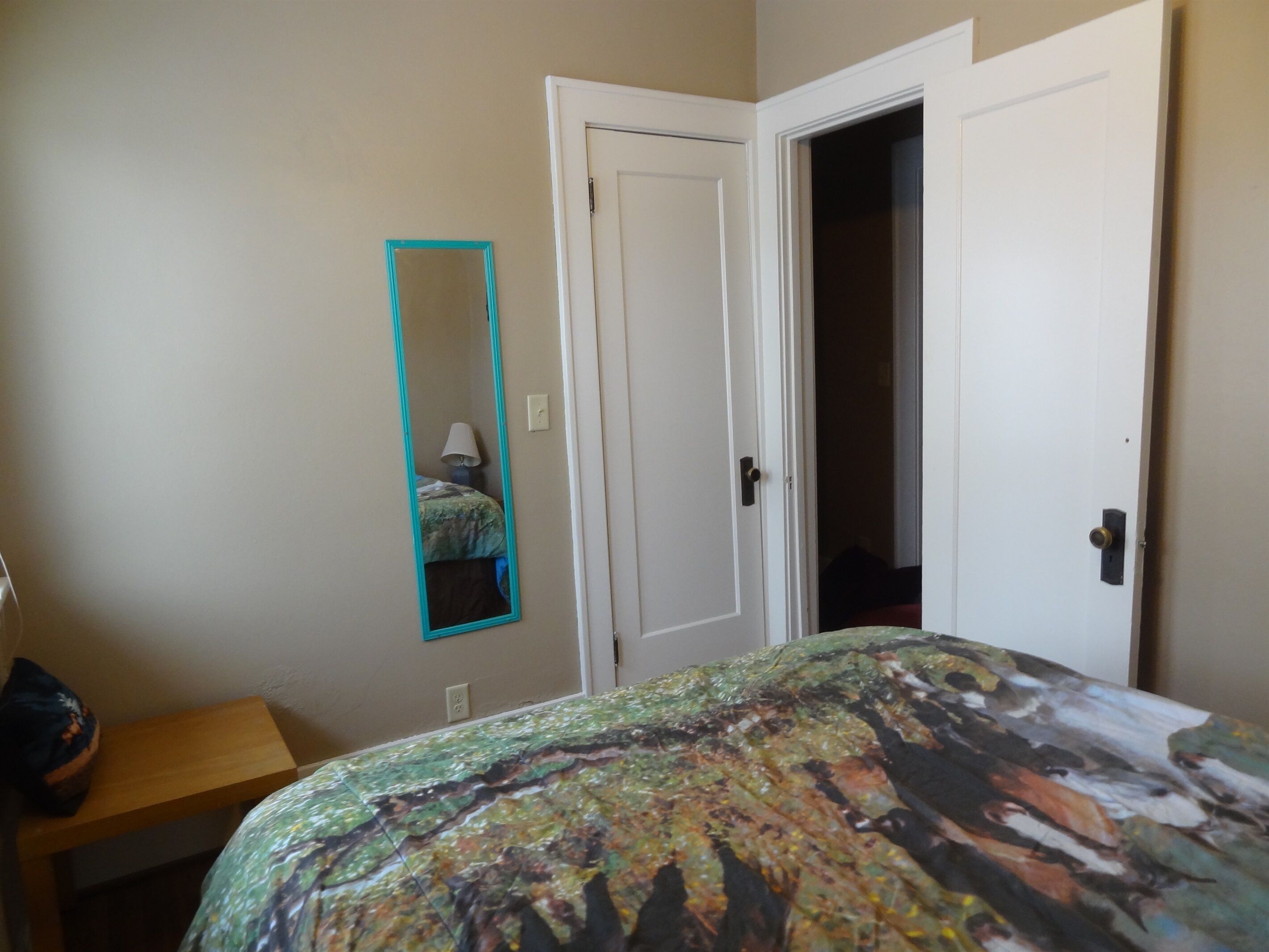 A bedroom with a bed, a mirror, and two doors.