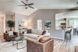 TV, fireplace, books, offices