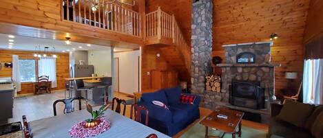 Smart TV, fireplace, DVD player, books