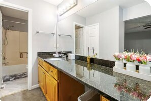 Hair dryer, towels, soap, shampoo