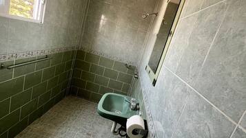 Een badkamer met een groen wastafel, toilet en douche.