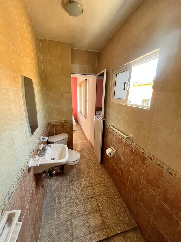 A narrow bathroom with a toilet, sink, and mirror.