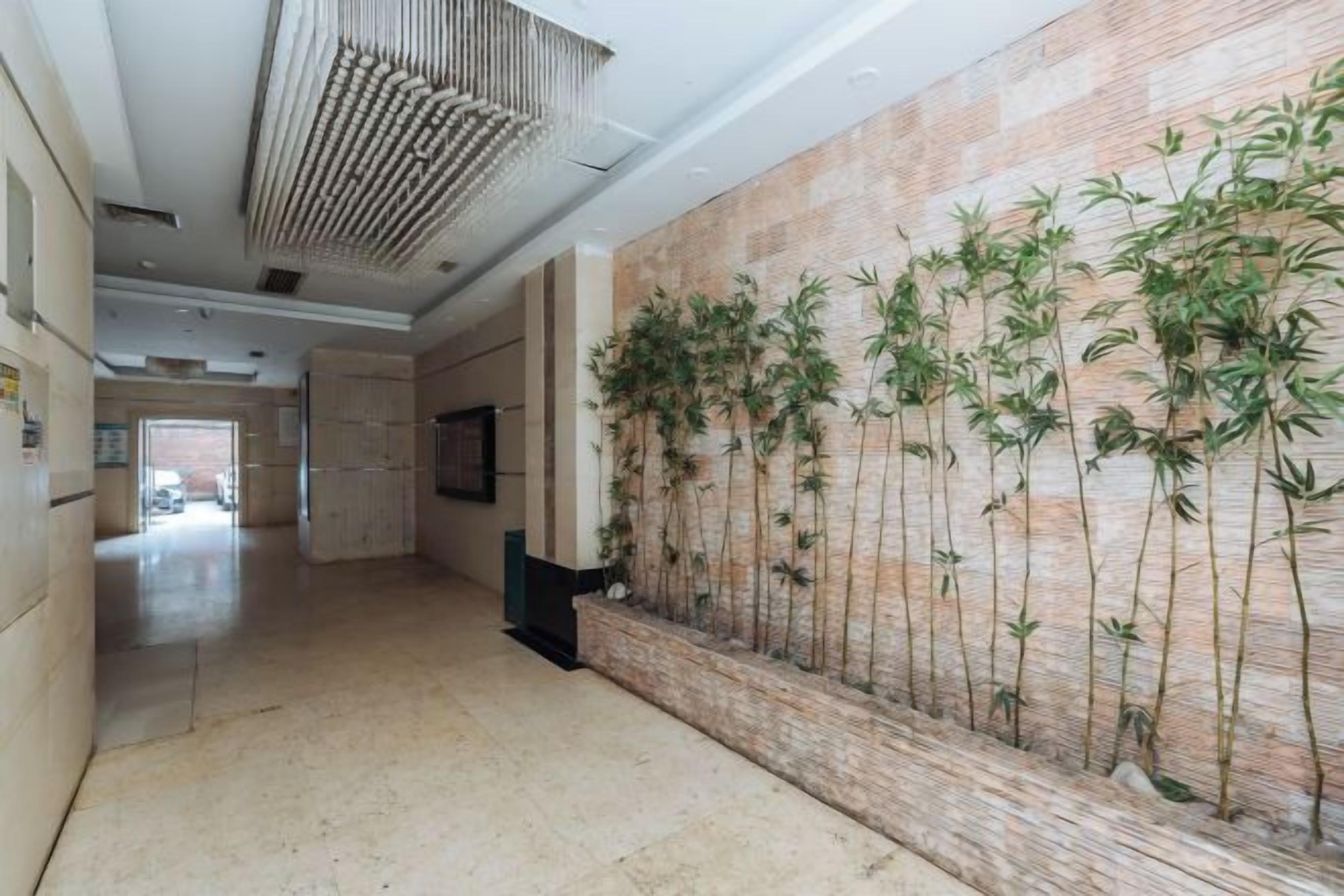 Un pasillo con pared texturizada y una fila de plantas de bambú artificial.