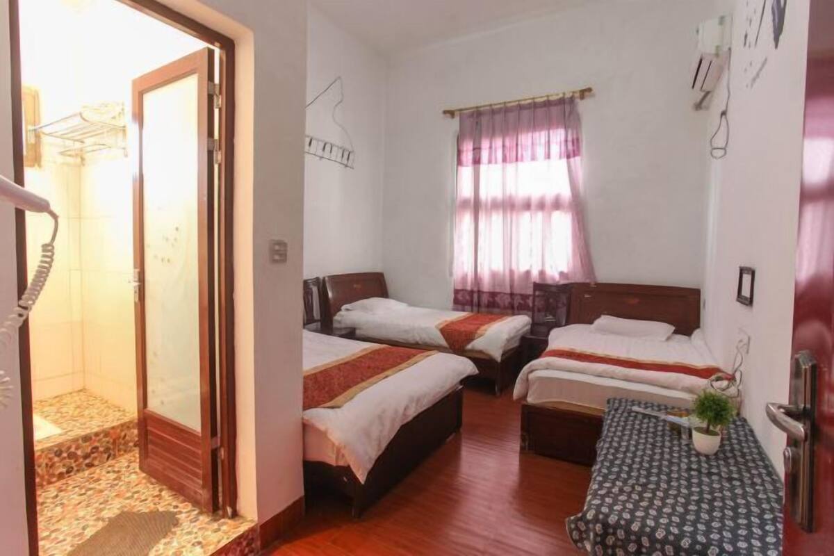 A hotel room with three single beds, a small table with a plant, and a shower area.