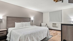 Una habitación de hotel moderna con una cama grande, mesitas de noche, un escritorio y una silla.