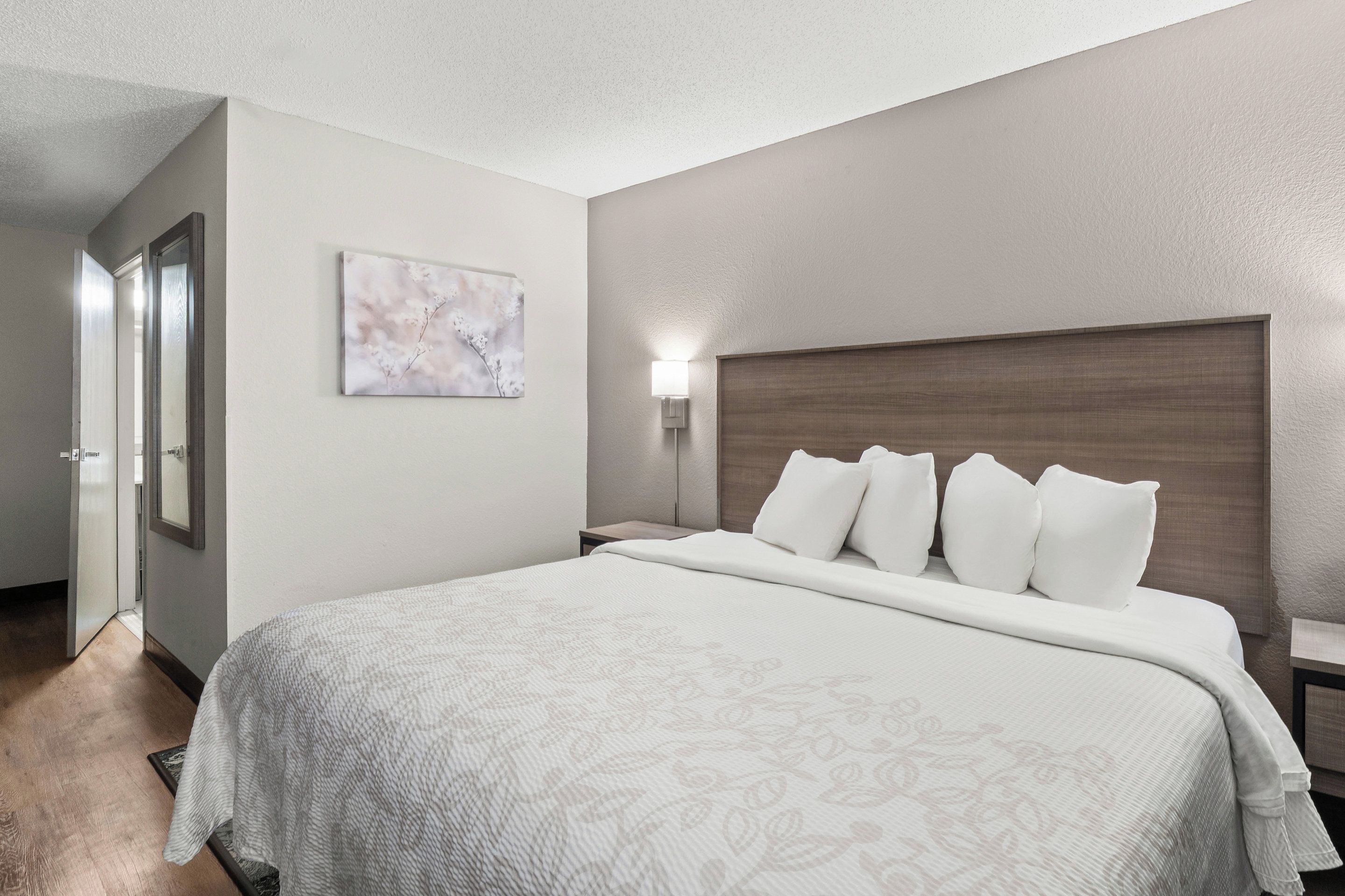 A hotel room with a large bed, a headboard, a bedside table, a nightstand, a wall-mounted lamp, and a door leading to another room.