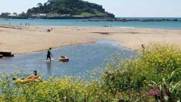 Una playa con un castillo en una colina al fondo.