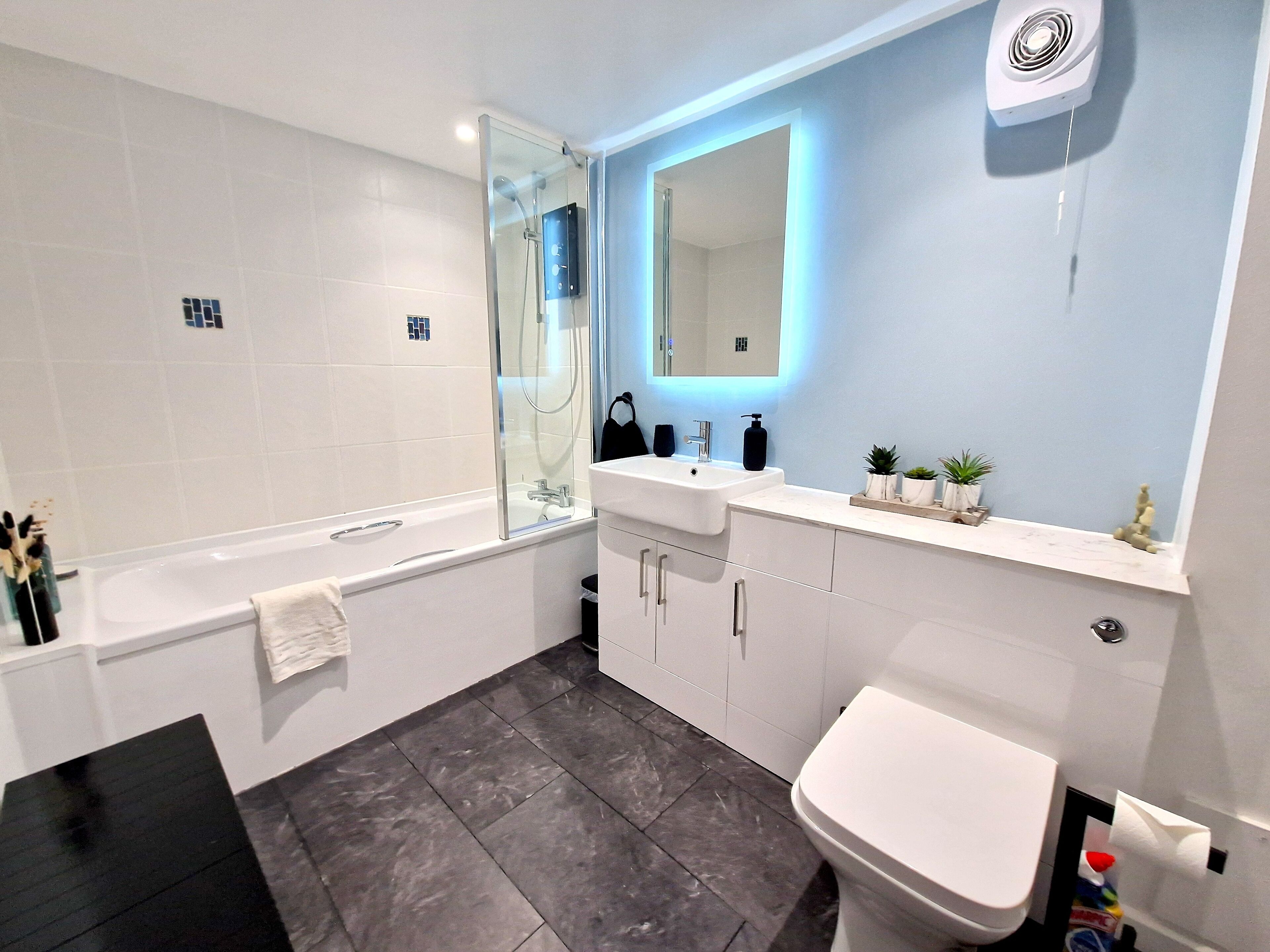 Hair dryer, towels, soap, shampoo