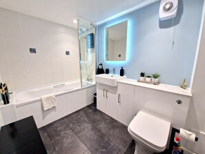 Hair dryer, towels, soap, shampoo