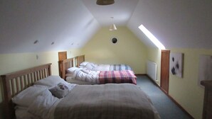A bedroom with two beds, a sloped ceiling, a skylight, and a radiator.