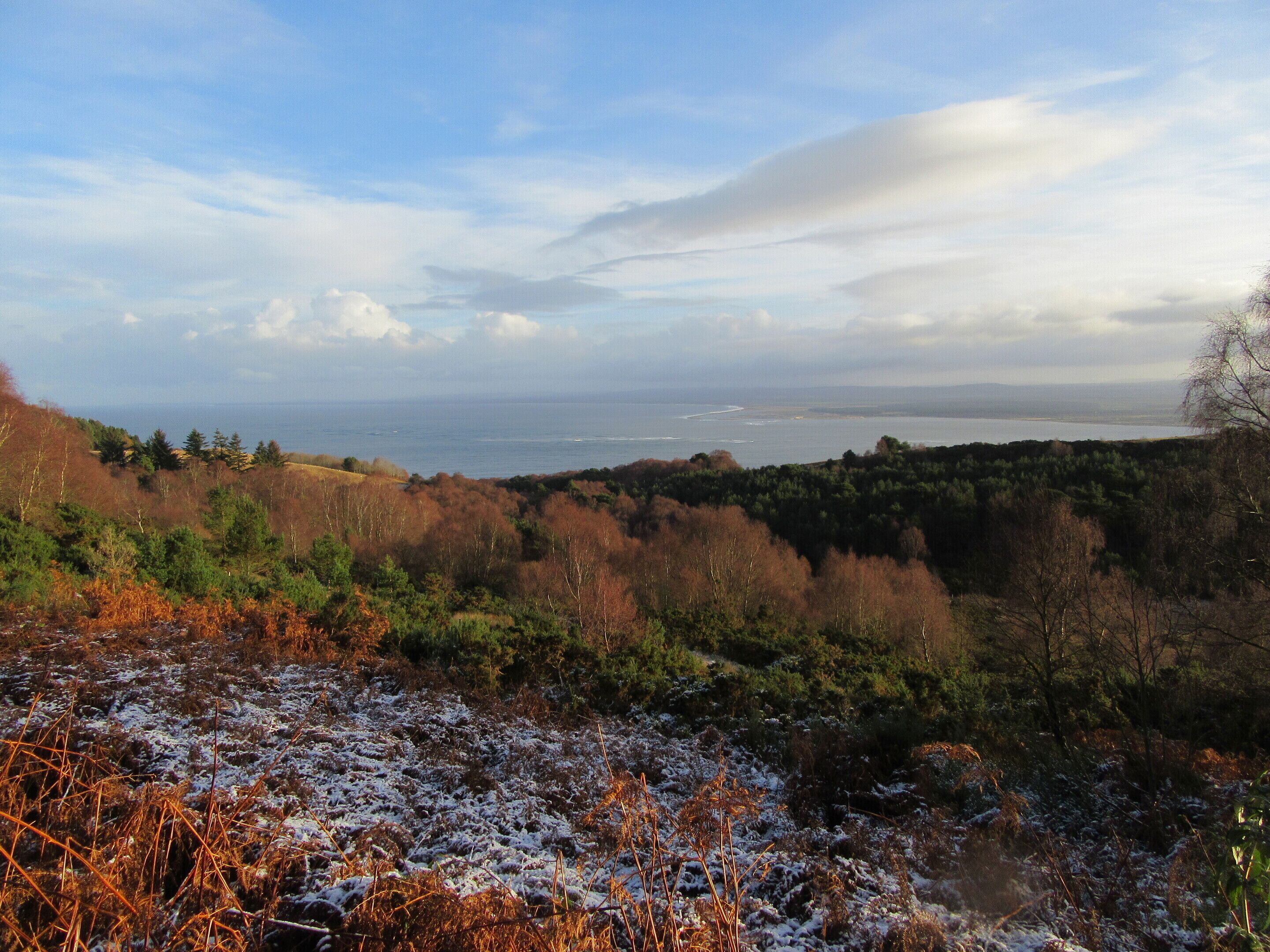 A coastal landscape with a view of the sea, forested hills, and a clear sky.