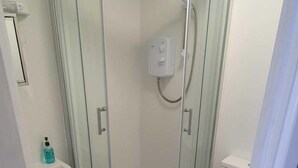 A modern bathroom with a glass-enclosed shower, a white sink, and a toilet. - Elm Tree Guest House (Weston-super-Mare)