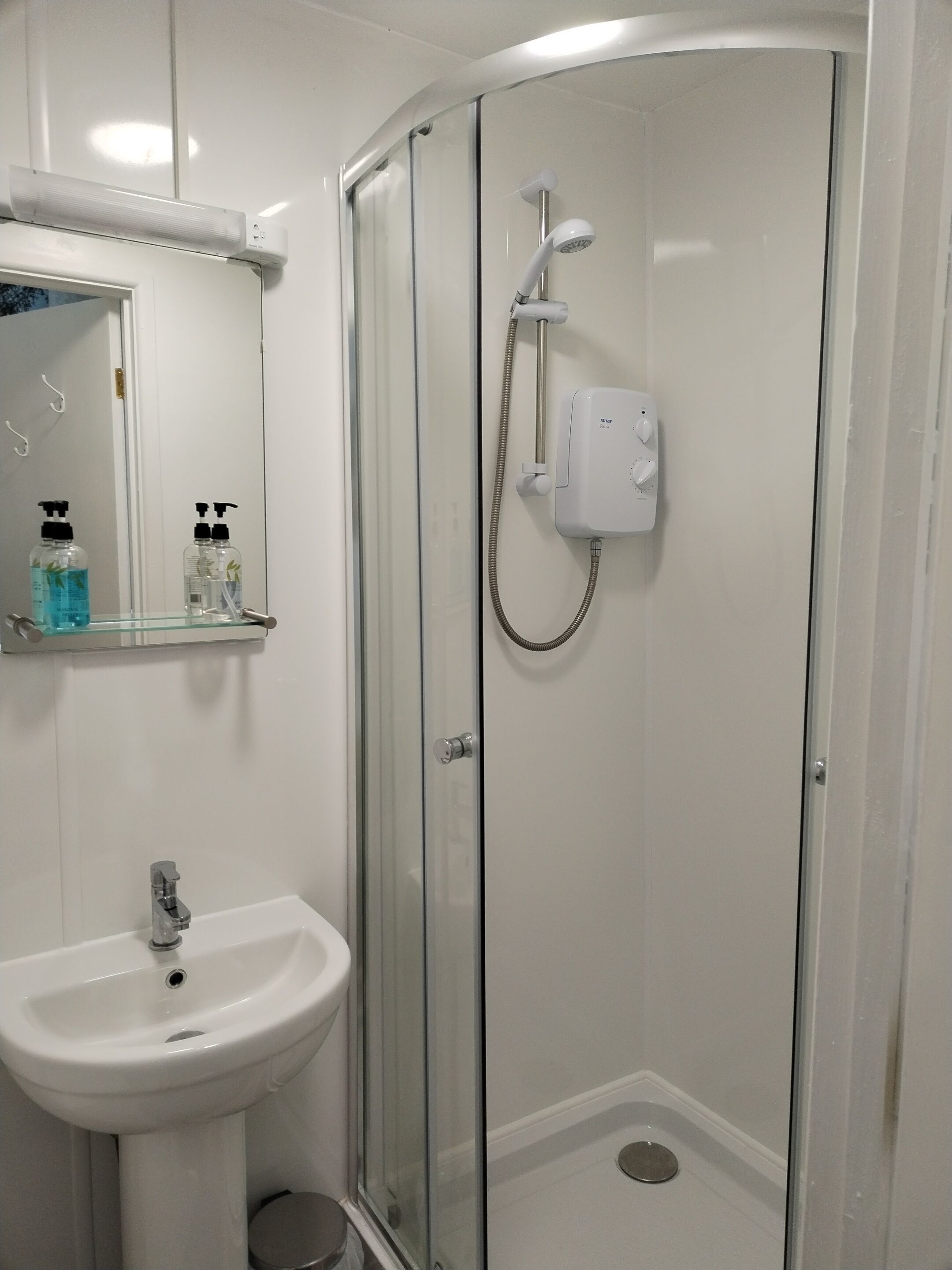 A modern bathroom with a glass-enclosed shower, a white sink, and a mirror above the sink.
