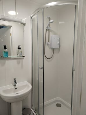 A modern bathroom with a glass-enclosed shower, a white sink, and a mirror above the sink. - Elm Tree Guest House (Weston-super-Mare)
