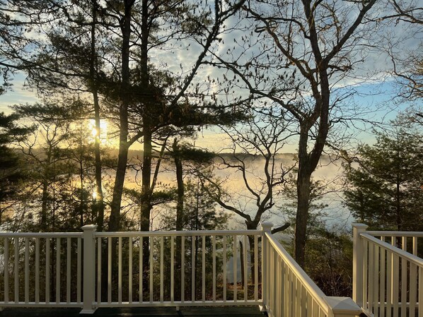 A deck with a railing overlooking a forested area and a body of water. - Tranquil Oasis: A Beautiful Water-Front Home (Sandwich)