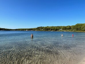 A clear lake with three people in the water, surrounded by a forested shoreline. - Tranquil Oasis: A Beautiful Water-Front Home (Sandwich)