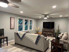 Smart TV, DVD player, books, music library