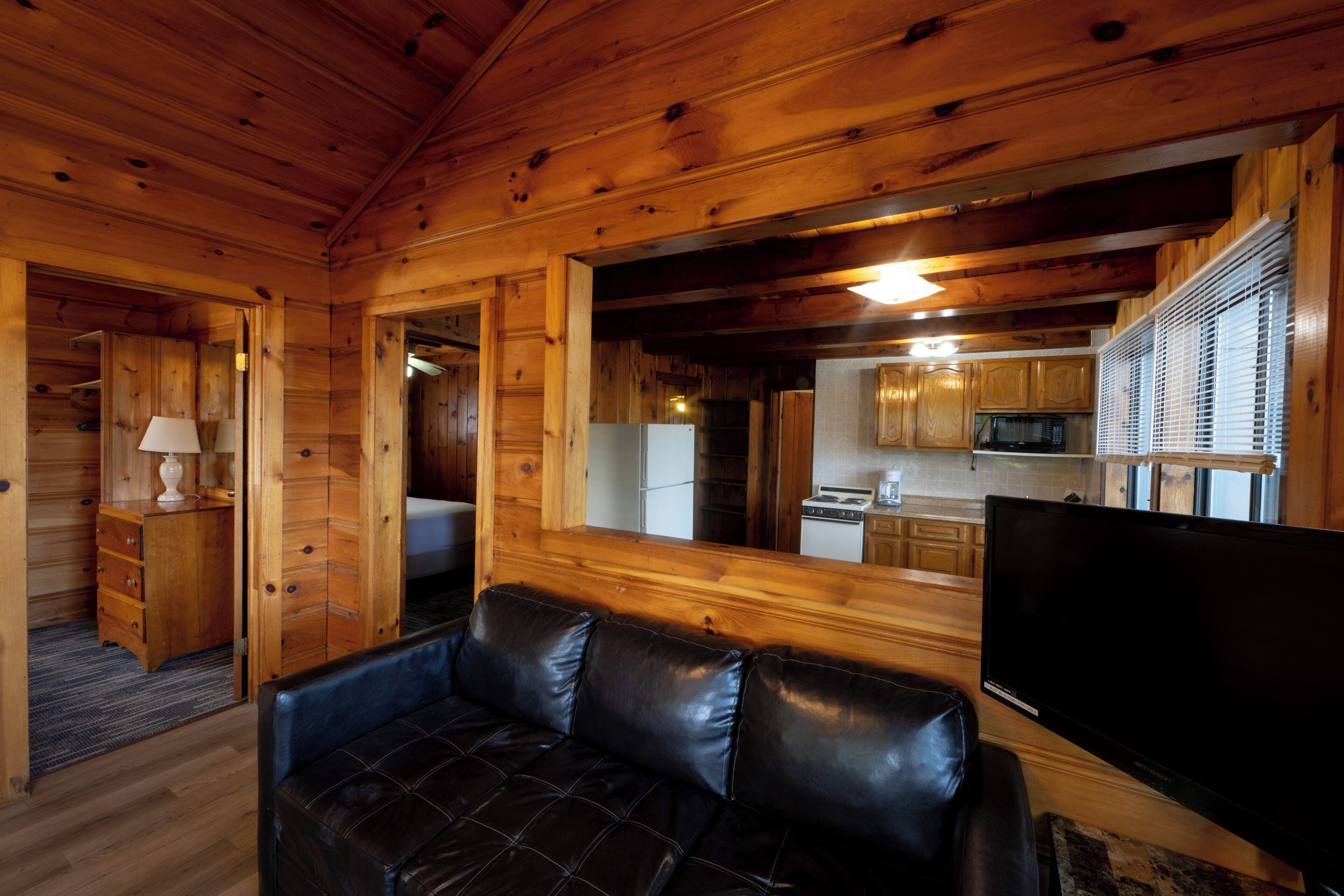 Interior de una cabaña de madera con sala de estar que incluye un sofá de cuero, un televisor y una cocina visible a través de un vano abierto.
