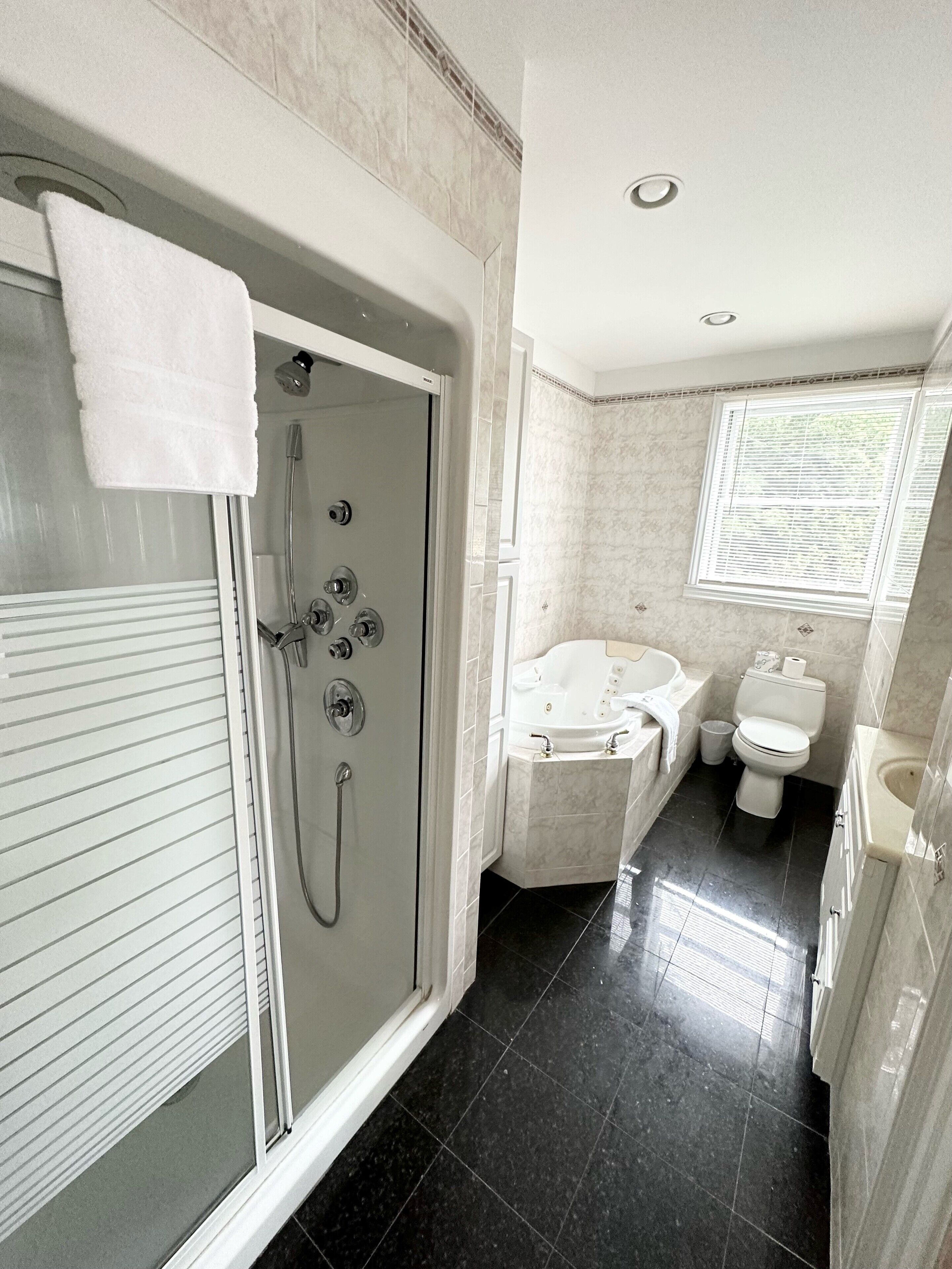 A modern bathroom with a glass-enclosed shower, a freestanding bathtub, a toilet, and a sink.