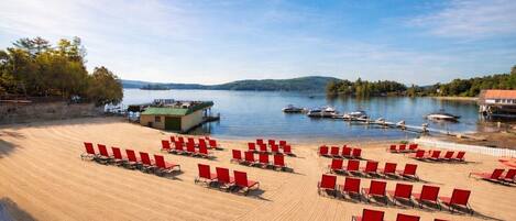 Private beach, sun loungers, beach umbrellas, kayaking