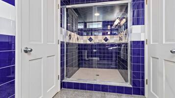 Hair dryer, towels, soap, shampoo