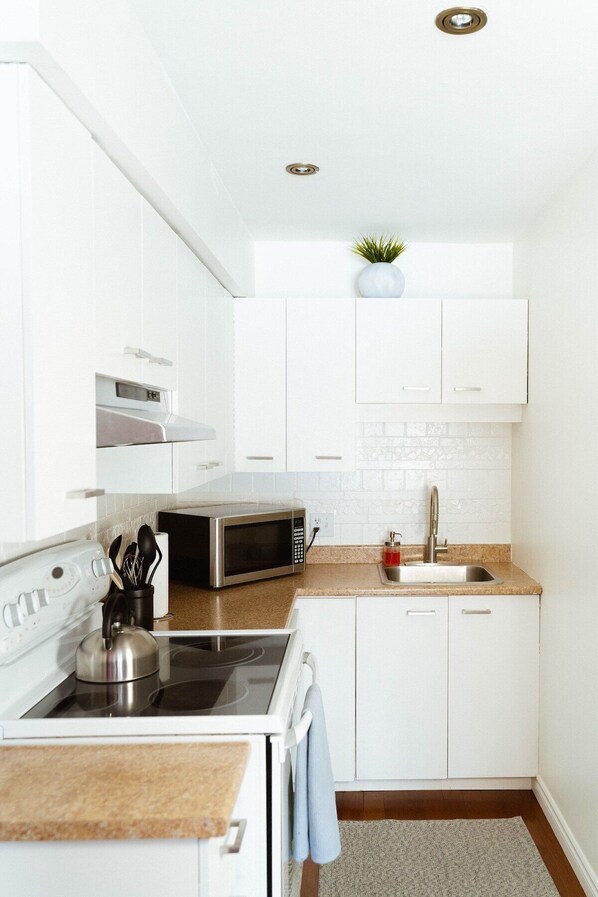 Frigorífico, microondas, horno y placa de cocina