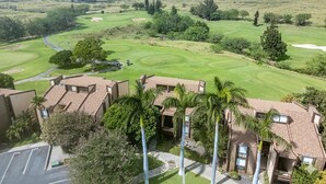 Um campo de golfe com vista para o oceano, rodeado por edifícios residenciais e palmeiras.